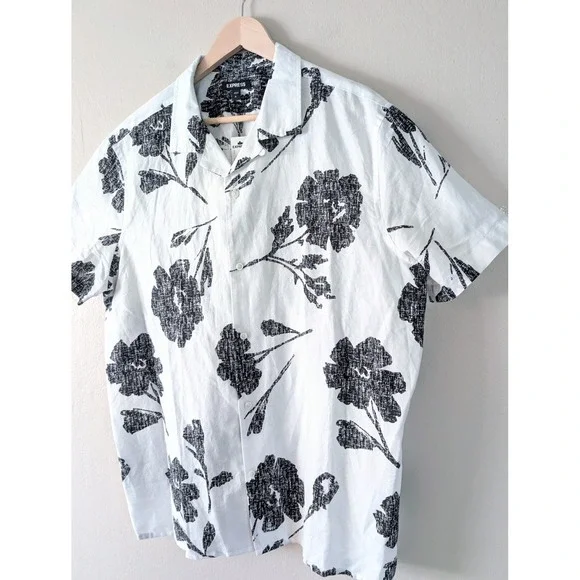 Express Mens White Floral Print Short Sleeve Shirt Vacation Beach Resort XL NWT - Picture 4 of 8